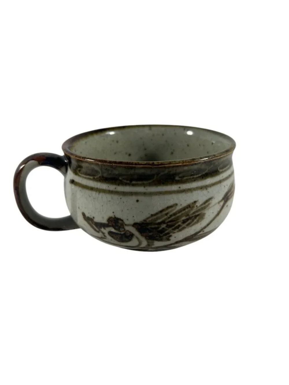 Vintage Studio Art Pottery Mug Soup Bowl Speckled Glaze Fish Design READ